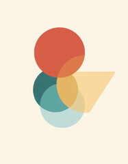 Flat vector composition of overlapping translucent circles (red, teal, gold) arranged in a triangular motif, clean lines, blank background