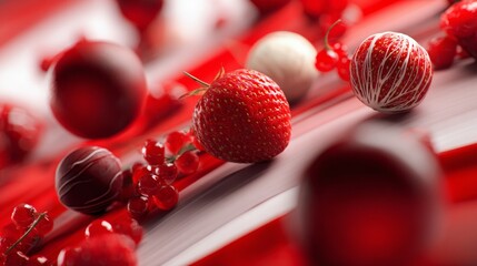 Close up of red berries and chocolate truffles on dessert plate with shallow depth of field
