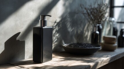 Modern bathroom sink area with soap dispenser and decor in natural light and shadows