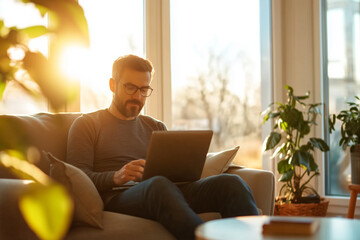 Man working on laptop in sunny living room filled with plants