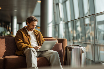 Focused traveler working on laptop in modern airport lounge