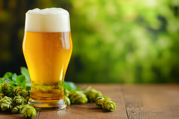 Refreshing craft beer served in a clear glass with hops nearby