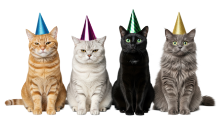 Four distinct domestic cats wearing miniature party hats, seated in a row on a transparent high-key studio background with copy space. Humorous celebration concept