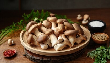 Fototapeta premium A Delightful Composition A Platter Of Fresh Mushrooms On A Wooden Table