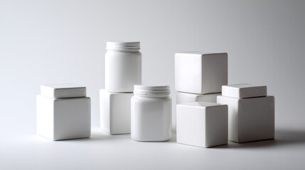 Obraz premium White minimalist cosmetic containers on clean surface for modern skincare branding or pharmaceutical product visuals