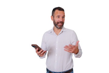 Man holding phone and explaining, gesturing during a conversation, engaging communication on a transparent background