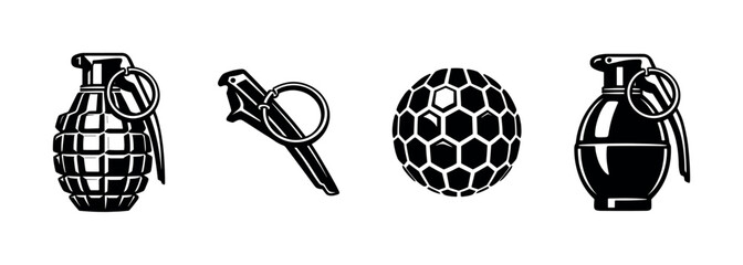Hand grenade collection, explosive devices, flat vector illustration