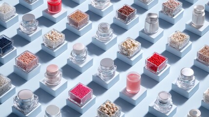 Organized pattern of skincare and cosmetic jars on soft blue background for beauty, product marketing or ecommerce visuals