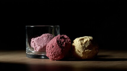 Artisanal ice cream scoops in dark setup for gourmet dessert branding, frozen treat or moody culinary product photography