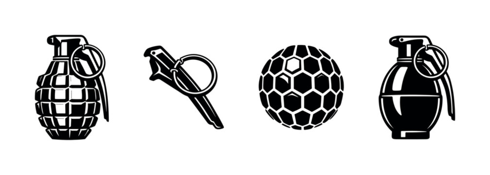Hand grenade collection, explosive devices, flat vector illustration