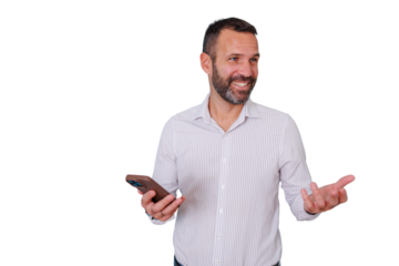 Mature man smiling, holding smartphone, gesturing happy, communicating, having conversation with excited expression, transparent background