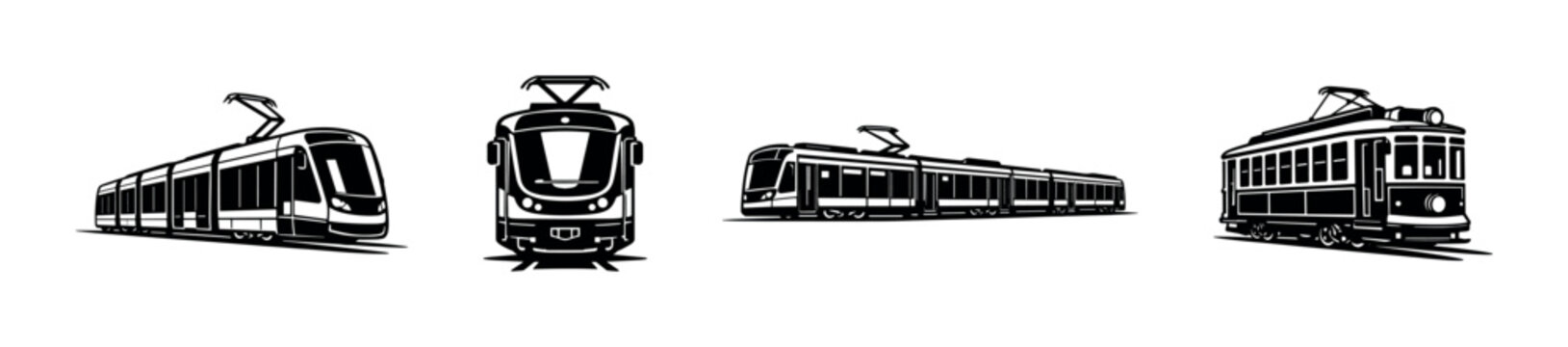 Modern tram and vintage trolley, urban transport, flat vector illustration