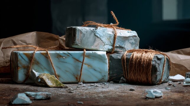 Rustic parcel wrapping with twine and old paper for packaging, delivery, vintage mail or handmade craft concept