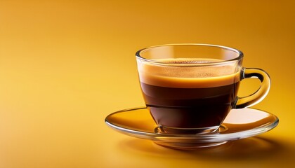 Freshly Brewed Creamy Espresso In A Glass Coffee Cup Isolated On Yellow Background Close Up With Copy Space