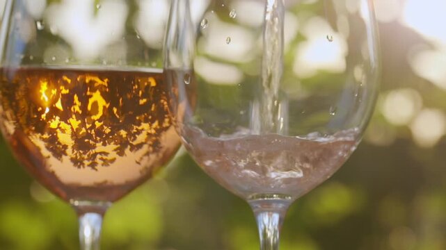 close-up shot of rose wine being poured into glasses in a vineyard between rows on a sunny day