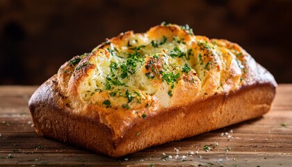 Freshly Baked Cheesy Garlic Bread Loaf With Herbs On Rustic Wooden Table