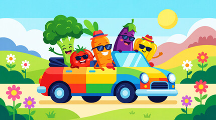 Fototapeta premium Funny illustration of various cartoon vegetables traveling by car in a very colorful landscape