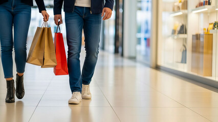 Fototapeta premium Couple shopping together in modern mall carrying paper bags lifestyle retail consumer concept. Man and woman walking side by side in shopping