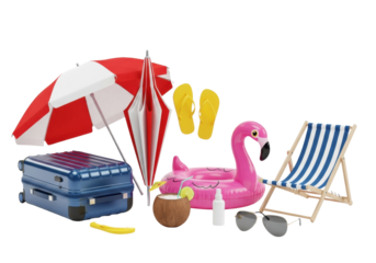 hyper-realistic 3d render of vibrant summer essentials: blue suitcase, striped umbrella, yellow flip-flops, and coconut cocktail on a transparent background. concept of summer luxury travel