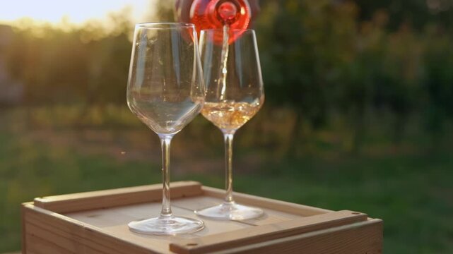 Pouring rose wine from a bottle into glasses outside at sunset