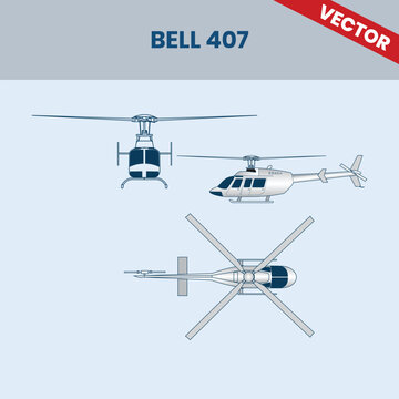 Technical Line Drawing of Helicopter Bell 407 2D Engineering Rendering Sketch Vector Illustration Front Side and Top View Angle