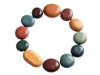 A close-up view of a handmade wooden bead bracelet on a clean white surface, ideal for editorial or commercial use