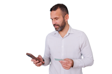 Man holding credit card and mobile phone, making online payment, e-commerce and digital shopping on transparent background