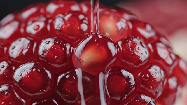 Closeup of a pomegranate with water dripping on it showcasing the vibrant red arils and refreshing liquid.