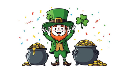 St. Patrick's Day Leprechaun with Gold Pots Vector Illustration