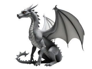 A silver dragon statue sits on a white surface, ready for display or use as a decorative piece