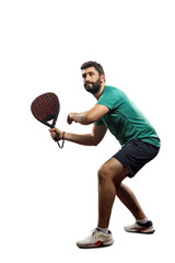 Padel player isolated on white background. Full body view. Open social tour template. Paddle tennis template for social media design with copy space.