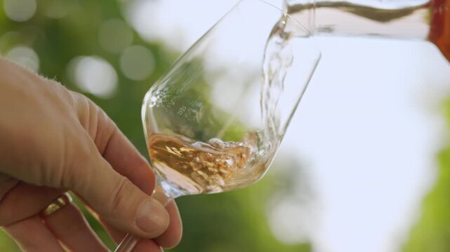 Close-up shot of a male hand pouring rose wine from a bottle