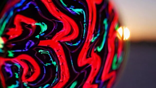 Vibrant swirls of red, green, and blue create a mesmerizing pattern that draws the eye. As the sun glimmers on the surface, the colorful design radiates energy and life.