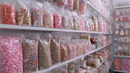 Candy aisle filled with transparent bags of colorful sweets for retail product photography and confectionery branding scene