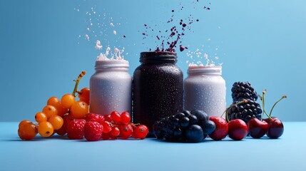Glass containers of colorful smoothies and berries for detox nutrition product photography and wellness drink branding scenes