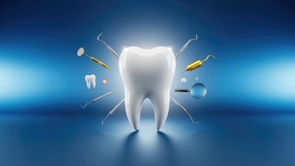 Shiny white tooth with glowing light surrounded by dental tools on blue background, symbol of oral health, hygiene, tooth care, dentist checkup, medical concept