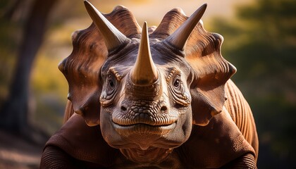 A Detailed Close Up Of A Triceratops Displaying Its Impressive Horns And Intense Gaze