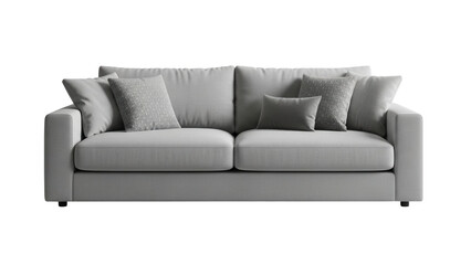 Modern grey fabric sofa with comfortable cushions for living room interior isolated on white background