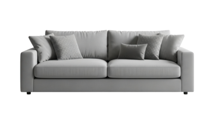 Modern grey fabric sofa with comfortable cushions for living room interior isolated on white background
