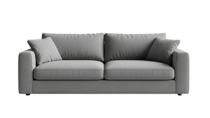 Modern grey fabric sofa with comfortable cushions for living room interior isolated on white background