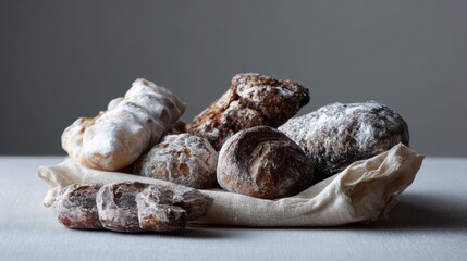 Rustic bread rolls on white cloth for bakery product branding and artisanal food photography with natural ingredients