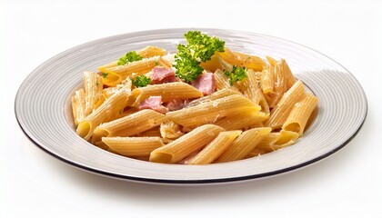 Penne Pasta Carbonara Shot From Above White Background