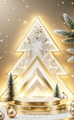 Golden Christmas tree with podium and snowflakes and festive ornaments