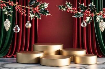 Christmas golden podiums with holly and ornaments