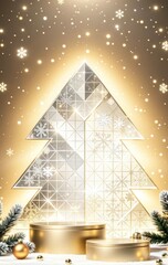 Golden Christmas tree with snowflakes and podiums