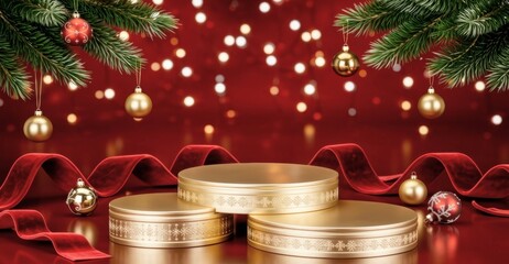 Golden Christmas podiums with pine branches and ornaments