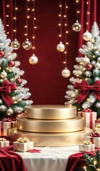Golden podium with Christmas trees and ornaments