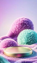 Golden podium on fluffy pastel spheres with soft gradient background