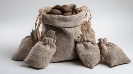 Sacks filled with fresh potatoes for farm produce packaging branding and natural food product photography with organic rustic setup