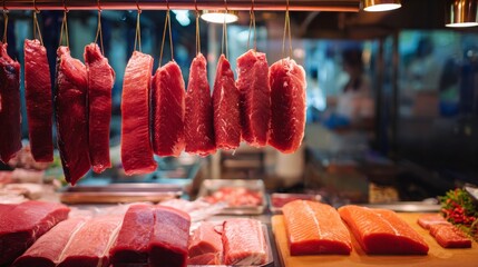 Fresh meat cuts hanging in refrigerated display for butcher product branding photography and premium food packaging visuals market concept